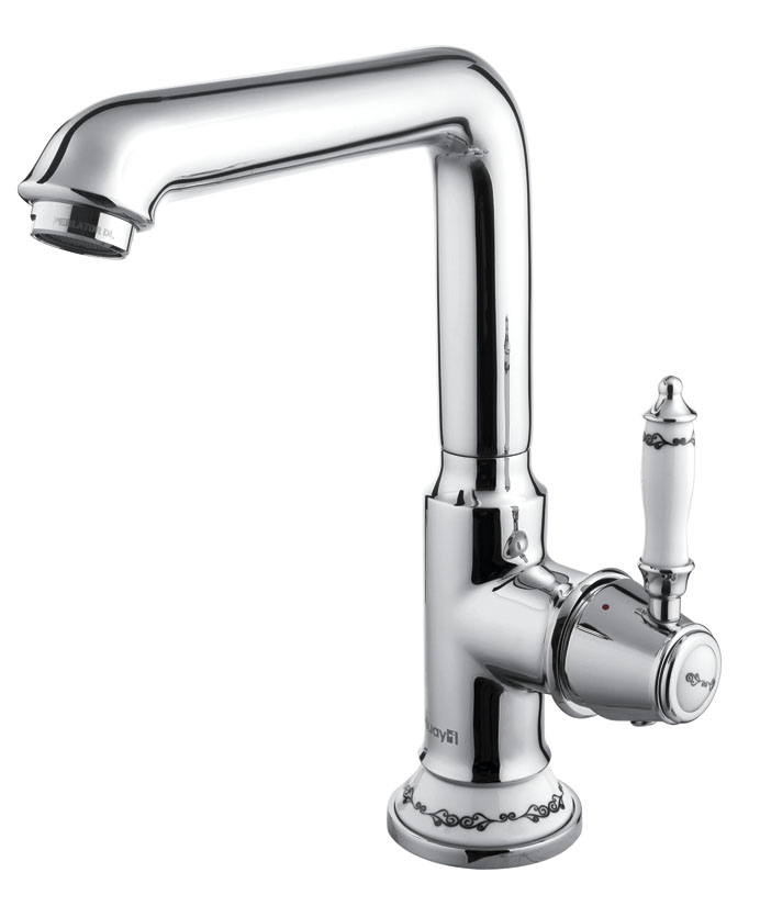 ברז קשת לכיור עם פיה מסתובבת בשילוב פורצלן דגם 6002 ניקל